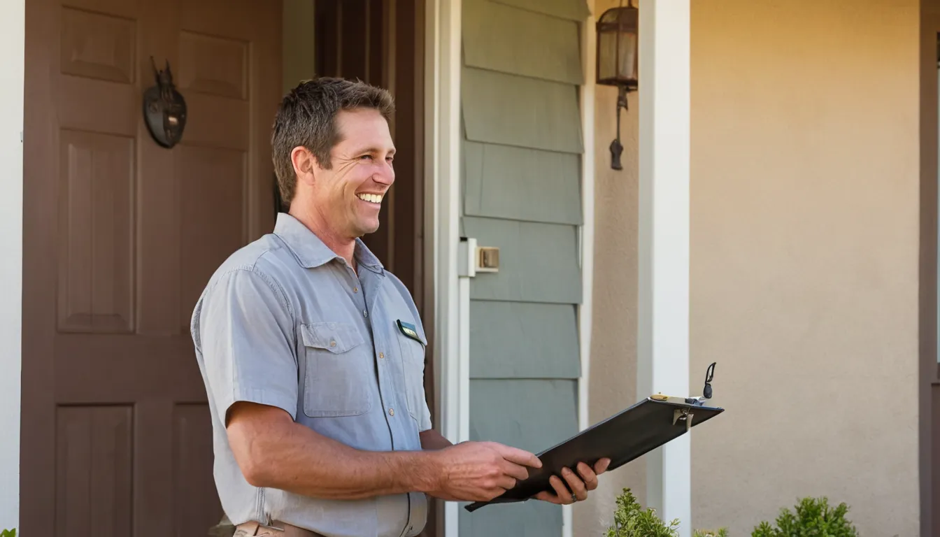 A friendly provider talking with a homeowner at a stucco ranch home in Elk Grove